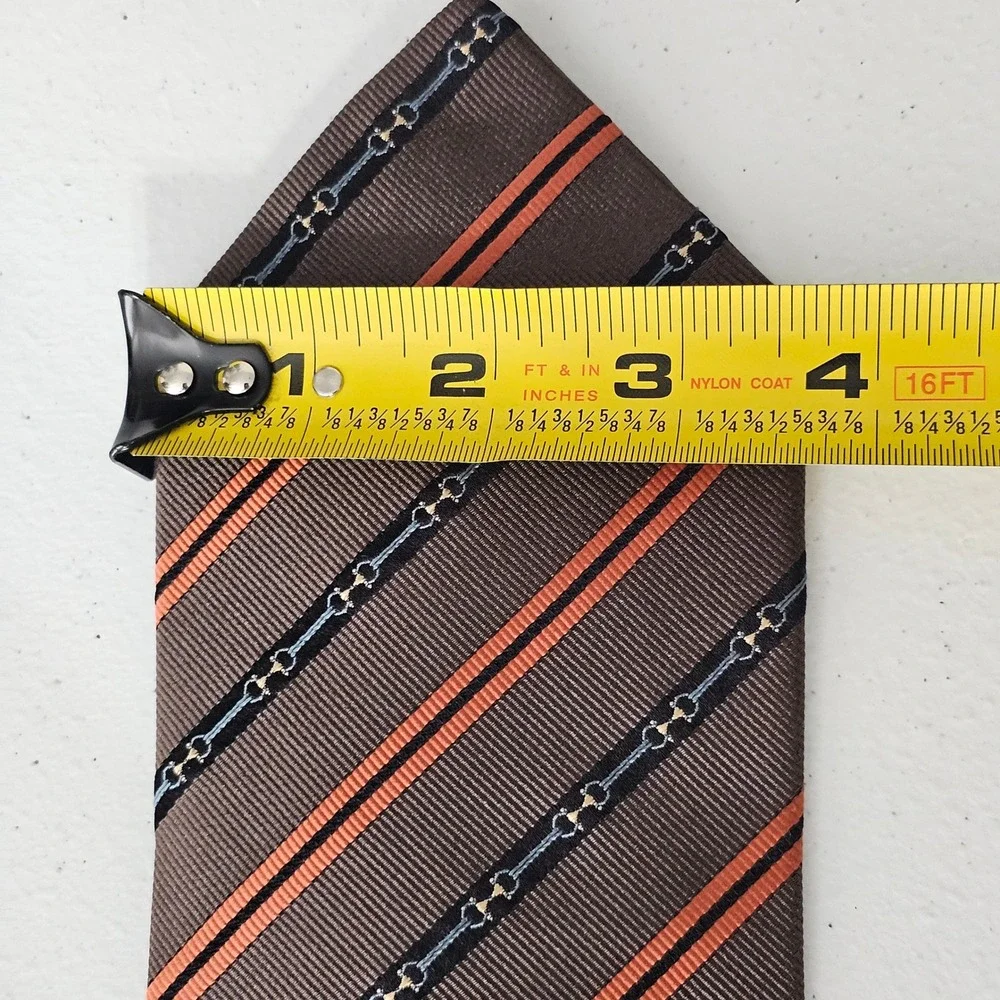 Gucci Horsebit Silk Tie Brown Orange Textured Stripe Equestrian Luxury Designer